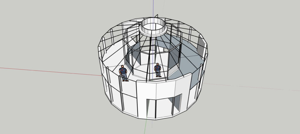 Auf dem Bild ist der Wohntrakt einer Gemeinschaftsjurte mit 10 Meter Durchmesser zu sehen.